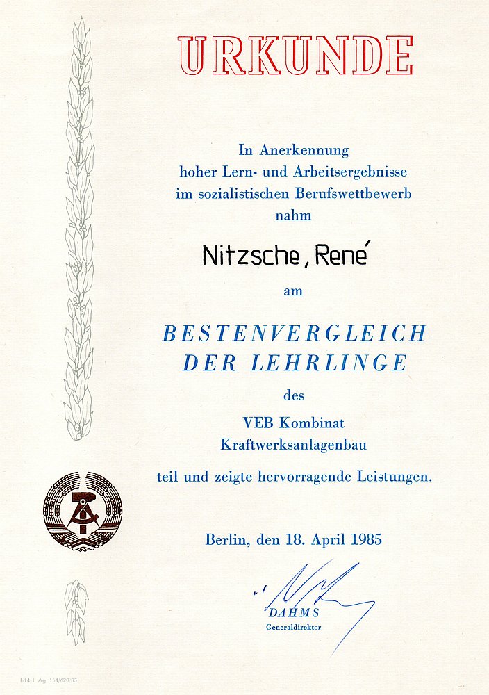 Urkunde zum Bestenvergleich der Lehrlinge im April 1985